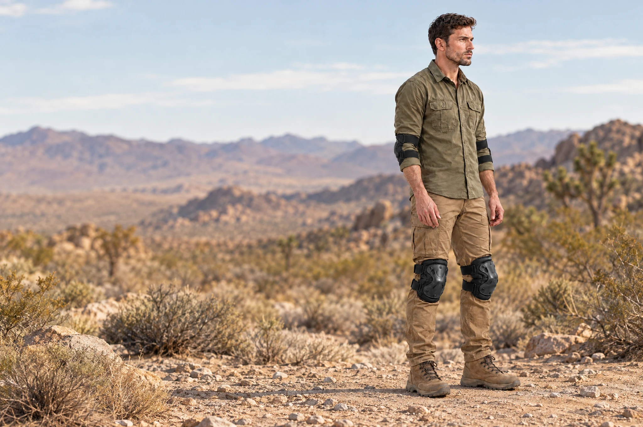 Model wearing Mojave knee and elbow pads in a natural standing position